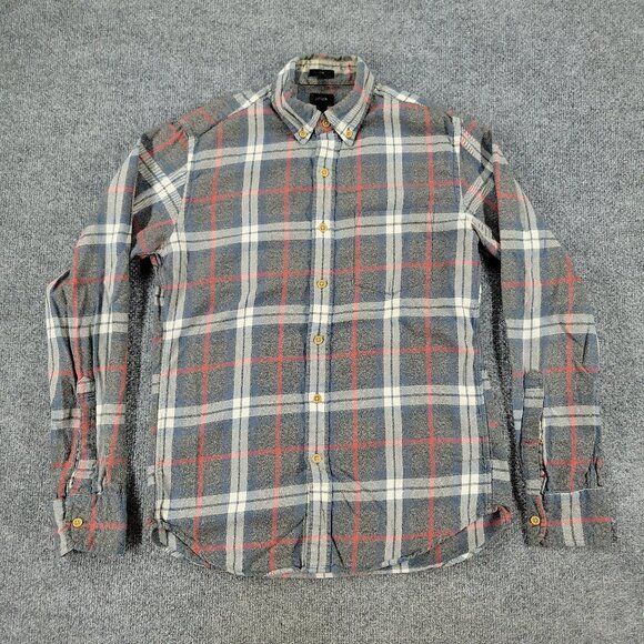 J Crew Button Shirt Men's Small Gray Red Plaid Flannel Long Sleeve Pocket Adult - Picture 1 of 14